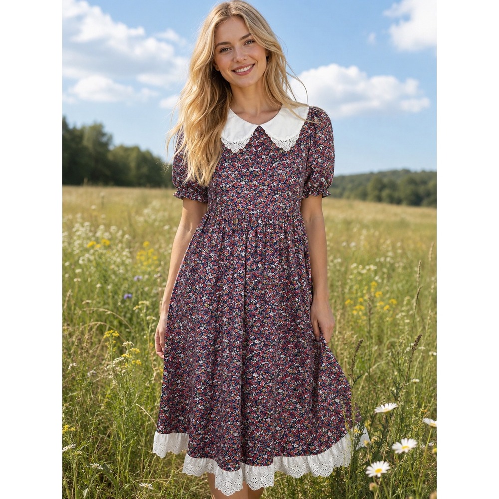 Vintage 90s Zoomers Floral Midi Dress Size 10 Cottagecore Prairie Eyelet Lace